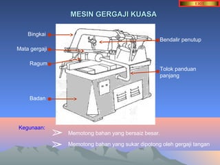 MMEESSIINN GGEERRGGAAJJII KKUUAASSAA 
Bingkai 
Mata gergaji 
Ragum 
Badan 
Bendalir penutup 
Tolok panduan 
panjang 
Kegunaan: 
Memotong bahan yang bersaiz besar. 
Memotong bahan yang sukar dipotong oleh gergaji tangan 
➢ 
➢ 
 