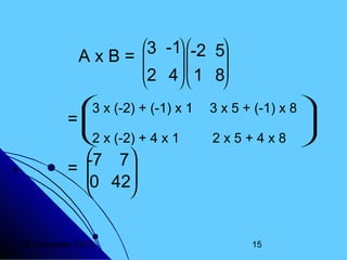 3 -1 -2 5
AxB= 
2 4  1 8





3 x (-2) + (-1) x 1 3 x 5 + (-1) x 8 

=


2 x (-2) + 4 x 1
2x5+4x8 
 7
-7
= 

 42
0


20 Desember 2013

15

 