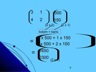 3



4


1   
500

  
2   
150
  
(2 x 2)

(2 x 1)

kolom = baris

+ 1 x 150
3 x 500
=  2 x 150

4 x 500 +

 
1650
=
 
2300 (2 x
 1)
20 Desember 2013

6






 