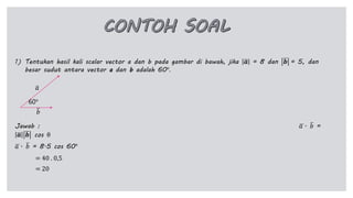 1) Tentukan hasil kali scalar vector a dan b pada gambar di bawah, jika 𝒂 = 8 dan 𝒃 = 5, dan
besar sudut antara vector a dan b adalah 60°.
Jawab : 𝑎 . 𝑏 =
𝒂 𝒃 cos θ
𝑎 . 𝑏 = 8.5 cos 60°
= 40 . 0,5
= 20
60°
𝑎
𝑏
 