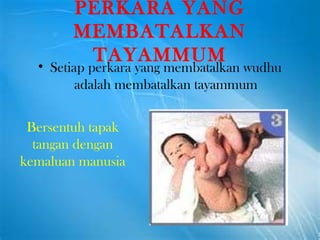 PERKARA YANG MEMBATALKAN TAYAMMUM Setiap perkara yang membatalkan wudhu adalah membatalkan tayammum Bersentuh tapak tangan dengan kemaluan manusia 