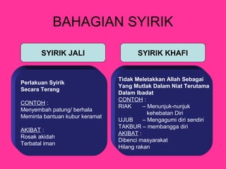 BAHAGIAN SYIRIK
SYIRIK JALI

Perlakuan Syirik
Secara Terang
CONTOH :
Menyembah patung/ berhala
Meminta bantuan kubur keramat
AKIBAT :
Rosak akidah
Terbatal iman

SYIRIK KHAFI

Tidak Meletakkan Allah Sebagai
Yang Mutlak Dalam Niat Terutama
Dalam Ibadat
CONTOH :
RIAK
– Menunjuk-nunjuk
kehebatan Diri
UJUB
– Mengagumi diri sendiri
TAKBUR – membangga diri
AKIBAT :
Dibenci masyarakat
Hilang rakan

 