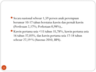 Secara nasional sebesar 1,59 persen anak perempuan
berumur 10-17 tahun berstatus kawin dan pernah kawin
(Perdesaan 2,17%; Perkotaan 0,98%),.
Kawin pertama usia <15 tahun 35,78%, kawin pertama usia
16 tahun 37,03%, dan kawin pertama usia 17-18 tahun
sebesar 27,19 % (Susenas 2010, BPS).
23
 