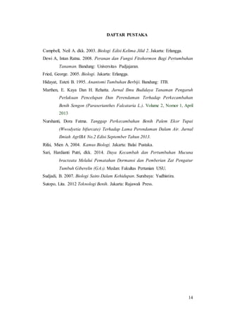 14
DAFTAR PUSTAKA
Campbell, Neil A. dkk. 2003. Biologi Edisi Kelima Jilid 2. Jakarta: Erlangga.
Dewi A, Intan Ratna. 2008. Peranan dan Fungsi Fitohormon Bagi Pertumbuhan
Tanaman. Bandung: Universitas Padjajaran.
Fried, George. 2005. Biologi. Jakarta: Erlangga.
Hidayat, Esteti B. 1995. Anantomi Tumbuhan Berbiji. Bandung: ITB.
Marthen, E. Kaya Dan H. Rehatta. Jurnal Ilmu Budidaya Tanaman Pengaruh
Perlakuan Pencelupan Dan Perendaman Terhadap Perkecambahan
Benih Sengon (Paraserianthes Falcataria L.). Volume 2, Nomor 1, April
2013
Nurshanti, Dora Fatma. Tanggap Perkecambahan Benih Palem Ekor Tupai
(Wwodyetia bifurcate) Terhadap Lama Perendaman Dalam Air. Jurnal
Ilmiah AgrIBA No.2 Edisi September Tahun 2013.
Rifai, Mien A. 2004. Kamus Biologi. Jakarta: Balai Pustaka.
Sari, Hardianti Putri, dkk. 2014. Daya Kecambah dan Pertumbuhan Mucuna
bracteata Melalui Pematahan Dormansi dan Pemberian Zat Pengatur
Tumbuh Giberelin (GA3). Medan: Fakultas Pertanian USU.
Sudjadi, B. 2007. Biologi Sains Dalam Kehidupan. Surabaya: Yudhistira.
Sutopo, Lita. 2012 Teknologi Benih. Jakarta: Rajawali Press.
 