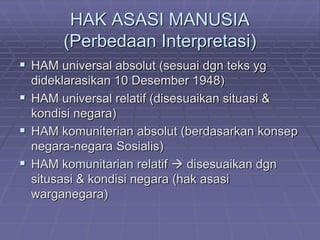 HAK ASASI MANUSIA 
(Perbedaan Interpretasi) 
 HAM universal absolut (sesuai dgn teks yg 
dideklarasikan 10 Desember 1948) 
 HAM universal relatif (disesuaikan situasi & 
kondisi negara) 
 HAM komuniterian absolut (berdasarkan konsep 
negara-negara Sosialis) 
 HAM komunitarian relatif  disesuaikan dgn 
situsasi & kondisi negara (hak asasi 
warganegara) 
 