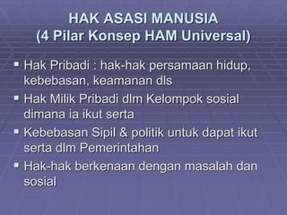 HAK ASASI MANUSIA 
(4 Pilar Konsep HAM Universal) 
 Hak Pribadi : hak-hak persamaan hidup, 
kebebasan, keamanan dls 
 Hak Milik Pribadi dlm Kelompok sosial 
dimana ia ikut serta 
 Kebebasan Sipil & politik untuk dapat ikut 
serta dlm Pemerintahan 
 Hak-hak berkenaan dengan masalah dan 
sosial 
 