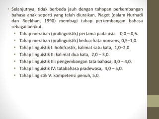 • Selanjutnya, tidak berbeda jauh dengan tahapan perkembangan
bahasa anak seperti yang telah diuraikan, Piaget (dalam Nurhadi
dan Roekhan, 1990) membagi tahap perkembangan bahasa
sebagai berikut.
 Tahap meraban (pralinguistik) pertama pada usia 0,0 – 0,5.
 Tahap meraban (pralinguistik) kedua: kata nonsens, 0,5–1,0.
 Tahap linguistik I: holofrastik, kalimat satu kata, 1,0–2,0.
 Tahap linguistik II: kalimat dua kata, 2,0 – 3,0.
 Tahap linguistik III: pengembangan tata bahasa, 3,0 – 4,0.
 Tahap linguistik IV: tatabahasa pradewasa, 4,0 – 5,0.
 Tahap lingistik V: kompetensi penuh, 5,0.
 