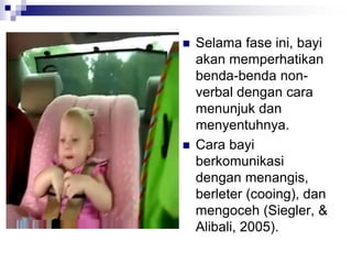  Selama fase ini, bayi
akan memperhatikan
benda-benda non-
verbal dengan cara
menunjuk dan
menyentuhnya.
 Cara bayi
berkomunikasi
dengan menangis,
berleter (cooing), dan
mengoceh (Siegler, &
Alibali, 2005).
 