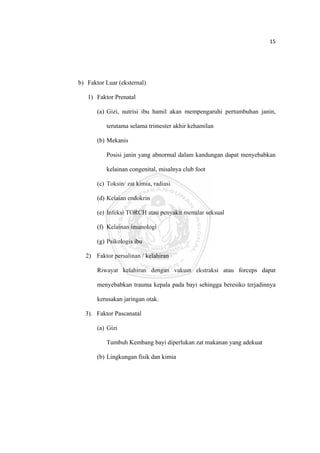15 

 



    b) Faktor Luar (eksternal)

       1) Faktor Prenatal

           (a) Gizi, nutrisi ibu hamil akan mempengaruhi pertumbuhan janin,

              terutama selama trimester akhir kehamilan

           (b) Mekanis

              Posisi janin yang abnormal dalam kandungan dapat menyebabkan

              kelainan congenital, misalnya club foot

           (c) Toksin/ zat kimia, radiasi

           (d) Kelaian endokrin

           (e) Infeksi TORCH atau penyakit menular seksual

           (f) Kelainan imunologi

           (g) Psikologis ibu

      2) Faktor persalinan / kelahiran

           Riwayat kelahiran dengan vakum ekstraksi atau forceps dapat

           menyebabkan trauma kepala pada bayi sehingga beresiko terjadinnya

           kerusakan jaringan otak.

      3). Faktor Pascanatal

           (a) Gizi

              Tumbuh Kembang bayi diperlukan zat makanan yang adekuat

           (b) Lingkungan fisik dan kimia




 
 
