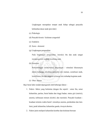 16 

 



               Lingkungan merupakan tempat anak hidup sebagai penyedia

               kebutuhan dasar anak (provider)

           (c) Psikologis

           (d) Penyakit kronis / kelainan congenital

           (e) Endokrin

           (f) Sosio - ekonomi

           (g) Lingkungan pengasuhan

               Pada lingkungan pengasuhan, interaksi ibu dan anak sangat

               mempengaruhi tumbuh kembang anak.

           (h) Stimulasi

               Perkembangan memerlukan rangsangan / stimulasi khususnyta

               dalam keluarga, misalnya penyedia alat mainan, sosialisasi anak,

               keterlibatan ibu dan anggota keluarga lain terhadap kegiatan anak

           (i) Obat- obatan

    Bayi berat lahir rendah dipengaruhi oleh beberapa faktor :

       1. Faktor- faktor yang berkaitan dengan ibu seperti : umur ibu, umur

           kehamilan, paritas, berat badan dan tinggi badan, status gizi (nutrisi),

           anemia, kebiasaan minum alcohol, dan merokok. Penyakit keadaan -

           keadaan tertentu waktu hamil (misalnya anemia, perdarahan dan lain-

           lain), jarak kehamilan, kehamilan ganda, riwayat abortus.

       2. Faktor janin meliputi kehamilan kembar dan kelainan bawaan




 
 