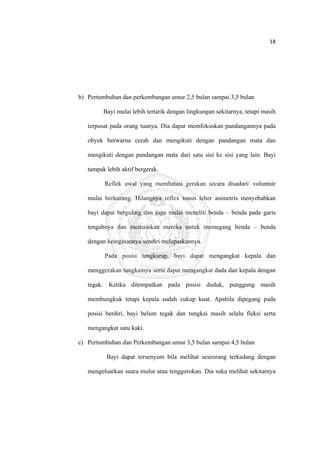 18 

 




    b) Pertumbuhan dan perkembangan umur 2,5 bulan sampai 3,5 bulan

             Bayi mulai lebih tertarik dengan lingkungan sekitarnya, tetapi masih

       terpusat pada orang tuanya. Dia dapat memfokuskan pandangannya pada

       obyek berwarna cerah dan mengikuti dengan pandangan mata dan

       mengikuti dengan pandangan mata dari satu sisi ke sisi yang lain. Bayi

       tampak lebih aktif bergerak.

             Reflek awal yang membatasi gerakan secara disadari/ voluntair

       mulai berkurang. Hilangnya reflex tonus leher asimetris menyebabkan

       bayi dapat berguling dan juga mulai meneliti benda – benda pada garis

       tengahnya dan memainkan mereka untuk memegang benda – benda

       dengan keinginannya sendiri melepaskannya.

             Pada posisi tengkurap, bayi dapat mengangkat kepala dan

       menggerakan tungkainya serta dapat mengangkat dada dan kepala dengan

       tegak. Ketika ditempatkan pada posisi duduk, punggung masih

       membungkuk tetapi kepala sudah cukup kuat. Apabila dipegang pada

       posisi berdiri, bayi belum tegak dan tungkai masih selalu fleksi serta

       mengangkat satu kaki.

    c) Pertumbuhan dan Perkembangan umur 3,5 bulan sampai 4,5 bulan

              Bayi dapat tersenyum bila melihat seseorang terkadang dengan

       mengeluarkan suara mulut atau tenggorokan. Dia suka melihat sekitarnya




 
 
