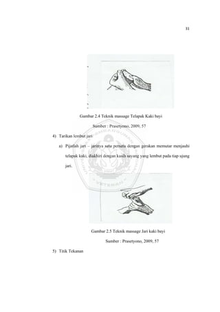 31 

 




                   Gambar 2.4 Teknik massage Telapak Kaki bayi

                             Sumber : Prasetyono, 2009, 57

    4) Tarikan lembut jari

       a) Pijatlah jari – jarinya satu persatu dengan gerakan memutar menjauhi

           telapak kaki, diakhiri dengan kasih sayang yang lembut pada tiap ujung

           jari.




                         Gambar 2.5 Teknik massage Jari kaki bayi

                                    Sumber : Prasetyono, 2009, 57

    5) Titik Tekanan




 
 