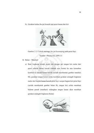 36 

 



       b) Gerakan kedua ibu jari kearah tepi perut kanan dan kiri




          Gambar 2.13 Teknik massage ibu jari kesamping pada perut bayi

                          Sumber : Prasetyono, 2009, 61

    4) Bulan – Matahari

       a) Buat lingkaran searah jarum jam dengan jari tangan kiri mulai dari

          perut sebelah kanan bawah (daerah usus buntu) ke atas kemudian

          kembali ke daerah kanan bawah (seolah membentuk gambar matahari

          M), gunakan tangan kanan untuk membuat gerakan setengah lingkaran

          mulai dari bagian kanan bawah perut bayi sampai bagian kiri perut bayi

          (seolah membentuk gambar bulan B), tangan kiri selalu membuat

          bulatan penuh (matahari) sedangkan tangan kanan akan membuat

          gerakan setangah lingkaran (bulan)




 
 