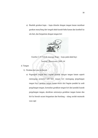 39 

 



          a) Buatlah gerakan kupu – kupu dimulai dengan tangan kanan membuat

                gerakan menyilang dari tengah dada kearah bahu kanan dan kembali ke

                ulu hati, dan bergantian dengan tangan kiri




                   Gambar 2.18 Teknik massage Kupu – kupu pada dada bayi

                               Sumber : Prasetyono, 2009, 64

    d. Tangan

      1) Perahan dari atas ke bawah

          a) Peganglah lengan bayi bagian pundak dengan tangan kanan seperti

                memegang pemukul soft ball, tangan kiri memegang pergelangan

                tangan bayi, gerakan tangan kanan mulai dari bagian pundak ke arah

                pergelangan tangan, kemudian gerakkan tangan kiri dari pundak kearah

                pergelangan tangan, demikian seterusnya gerakkan tangan kanan dan

                kiri ke bawah secara bergantian dan berulang – ulang seolah memerah

                susu sapi




 
 