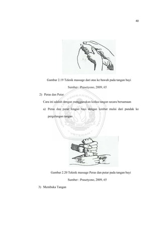 40 

 




         Gambar 2.19 Teknik massage dari atas ke bawah pada tangan bayi

                         Sumber : Prasetyono, 2009, 65

    2) Peras dan Putar

      Cara ini adalah dengan menggunakan kedua tangan secara bersamaan

      a) Peras dan putar lengan bayi dengan lembut mulai dari pundak ke

          pergelangan tangan




            Gambar 2.20 Teknik massage Peras dan putar pada tangan bayi

                         Sumber : Prasetyono, 2009, 65

    3) Membuka Tangan




 
 