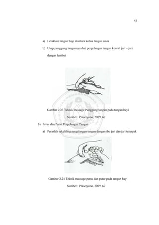42 

 



       a) Letakkan tangan bayi diantara kedua tangan anda

       b) Usap punggung tangannya dari pergelangan tangan kearah jari – jari

          dengan lembut




          Gambar 2.23 Teknik massage Punggung tangan pada tangan bayi

                          Sumber : Prasetyono, 2009, 67

    6) Peras dan Putar Pergelangan Tangan

       a) Peraslah sekeliling pergelangan tangan dengan ibu jari dan jari telunjuk




           Gambar 2.24 Teknik massage peras dan putar pada tangan bayi

                          Sumber : Prasetyono, 2009, 67



 
 