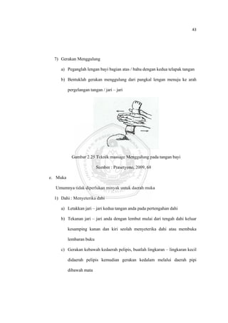 43 

 



      7) Gerakan Menggulung

         a) Peganglah lengan bayi bagian atas / bahu dengan kedua telapak tangan

         b) Bentuklah gerakan menggulung dari pangkal lengan menuju ke arah

              pergelangan tangan / jari – jari




                Gambar 2.25 Teknik massage Menggulung pada tangan bayi

                              Sumber : Prasetyono, 2009, 68

    e. Muka

      Umumnya tidak diperlukan minyak untuk daerah muka

      1) Dahi : Menyeterika dahi

         a) Letakkan jari – jari kedua tangan anda pada pertengahan dahi

         b) Tekanan jari – jari anda dengan lembut mulai dari tengah dahi keluar

              kesamping kanan dan kiri seolah menyeterika dahi atau membuka

              lembaran buku

         c) Gerakan kebawah kedaerah pelipis, buatlah lingkaran – lingkaran kecil

              didaerah pelipis kemudian gerakan kedalam melalui daerah pipi

              dibawah mata



 
 