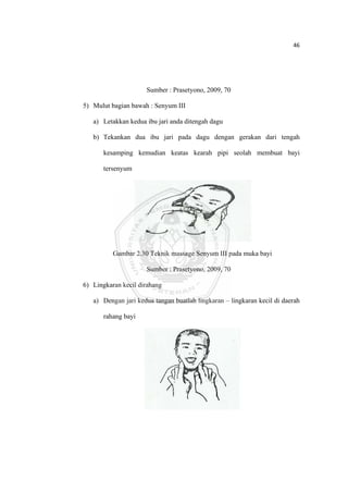46 

 



                         Sumber : Prasetyono, 2009, 70

    5) Mulut bagian bawah : Senyum III

       a) Letakkan kedua ibu jari anda ditengah dagu

       b) Tekankan dua ibu jari pada dagu dengan gerakan dari tengah

           kesamping kemudian keatas kearah pipi seolah membuat bayi

           tersenyum




              Gambar 2.30 Teknik massage Senyum III pada muka bayi

                         Sumber : Prasetyono, 2009, 70

    6) Lingkaran kecil dirahang

       a) Dengan jari kedua tangan buatlah lingkaran – lingkaran kecil di daerah

           rahang bayi




 
 