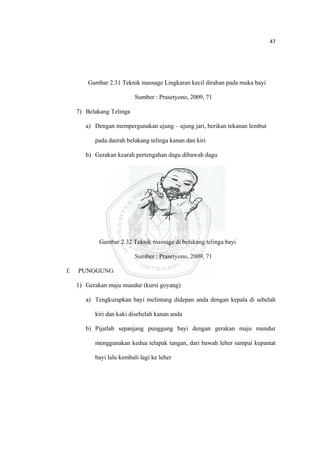 47 

 



             Gambar 2.31 Teknik massage Lingkaran kecil dirahan pada muka bayi

                               Sumber : Prasetyono, 2009, 71

         7) Belakang Telinga

            a) Dengan mempergunakan ujung – ujung jari, berikan tekanan lembut

               pada daerah belakang telinga kanan dan kiri

            b) Gerakan kearah pertengahan dagu dibawah dagu




                 Gambar 2.32 Teknik massage di belakang telinga bayi

                               Sumber : Prasetyono, 2009, 71

    f.   PUNGGUNG

         1) Gerakan maju mundur (kursi goyang)

            a) Tengkurapkan bayi melintang didepan anda dengan kepala di sebelah

               kiri dan kaki disebelah kanan anda

            b) Pijatlah sepanjang punggung bayi dengan gerakan maju mundur

               menggunakan kedua telapak tangan, dari bawah leher sampai kepantat

               bayi lalu kembali lagi ke leher




 
 
