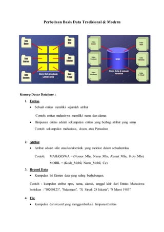 Perbedaan Basis Data Tradisional & Modern
Konsep Dasar Database :
1. Entitas
 Sebuah entitas memiliki sejumlah atribut
Contoh: entitas mahasiswa memiliki nama dan alamat
 Himpunan entitas adalah sekumpulan entitas yang berbagi atribut yang sama
Contoh: sekumpulan mahasiswa, dosen, atau Perusahan
2. Atribut
 Atribut adalah sifat atau karakteristik yang melekat dalam sebuahentitas
Contoh: MAHASISWA = (Nomor_Mhs, Nama_Mhs, Alamat_Mhs, Kota_Mhs)
MOBIL = (Kode_Mobil, Nama_Mobil, Cc)
3. Record Data
 Kumpulan Isi Elemen data yang saling berhubungan.
Contoh : kumpulan atribut npm, nama, alamat, tanggal lahir dari Entitas Mahasiswa
berisikan : "10200123", "Sulaeman", "Jl. Sirsak 28 Jakarta", "8 Maret 1983".
4. File
 Kumpulan dari record yang menggambarkan himpunanEntitas
 