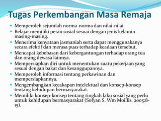 Tugas Perkembangan Masa Remaja
 Memperoleh sejumlah norma-norma dan nilai-nilai.
 Belajar memiliki peran sosial sesuai dengan jenis kelamin
masing-masing.
 Menerima kenyataan jasmaniah serta dapat menggunakanya
secara efektif dan merasa puas terhadap keadaan tersebut.
 Mencapai kebebasan dari kebergantungan terhadap orang tua
dan orang dewasa lainnya.
 Mempersiapkan diri untuk menentukan suatu pekerjaan yang
sesuai dengan bakat dan kesanggupannya.
 Memperoleh informasi tentang perkawinan dan
mempersiapkannya.
 Mengembangkan kecakapan intelektual dan konsep-konsep
tentang kehidupan bermasyarakat.
 Memiliki konsep-konsep tentang tingkah laku sosial yang perlu
untuk kehidupan bermasyarakat (Sofyan S. Wm Moillis. 2005:8-
15).
 