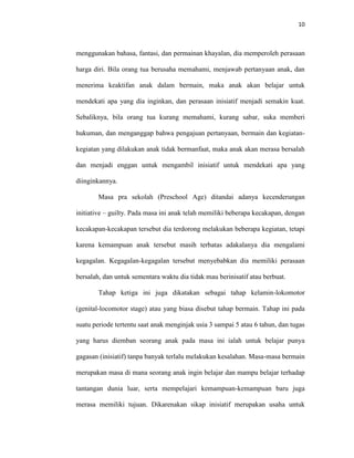 10



menggunakan bahasa, fantasi, dan permainan khayalan, dia memperoleh perasaan

harga diri. Bila orang tua berusaha memahami, menjawab pertanyaan anak, dan

menerima keaktifan anak dalam bermain, maka anak akan belajar untuk

mendekati apa yang dia inginkan, dan perasaan inisiatif menjadi semakin kuat.

Sebaliknya, bila orang tua kurang memahami, kurang sabar, suka memberi

hukuman, dan menganggap bahwa pengajuan pertanyaan, bermain dan kegiatan-

kegiatan yang dilakukan anak tidak bermanfaat, maka anak akan merasa bersalah

dan menjadi enggan untuk mengambil inisiatif untuk mendekati apa yang

diinginkannya.

        Masa pra sekolah (Preschool Age) ditandai adanya kecenderungan

initiative – guilty. Pada masa ini anak telah memiliki beberapa kecakapan, dengan

kecakapan-kecakapan tersebut dia terdorong melakukan beberapa kegiatan, tetapi

karena kemampuan anak tersebut masih terbatas adakalanya dia mengalami

kegagalan. Kegagalan-kegagalan tersebut menyebabkan dia memiliki perasaan

bersalah, dan untuk sementara waktu dia tidak mau berinisatif atau berbuat.

        Tahap ketiga ini juga dikatakan sebagai tahap kelamin-lokomotor

(genital-locomotor stage) atau yang biasa disebut tahap bermain. Tahap ini pada

suatu periode tertentu saat anak menginjak usia 3 sampai 5 atau 6 tahun, dan tugas

yang harus diemban seorang anak pada masa ini ialah untuk belajar punya

gagasan (inisiatif) tanpa banyak terlalu melakukan kesalahan. Masa-masa bermain

merupakan masa di mana seorang anak ingin belajar dan mampu belajar terhadap

tantangan dunia luar, serta mempelajari kemampuan-kemampuan baru juga

merasa memiliki tujuan. Dikarenakan sikap inisiatif merupakan usaha untuk
 