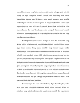 11



menjadikan sesuatu yang belum nyata menjadi nyata, sehingga pada usia ini

orang tua dapat mengasuh anaknya dengan cara mendorong anak untuk

mewujudkan gagasan dan ide-idenya. Akan tetapi, semuanya akan terbalik

apabila tujuan dari anak pada masa genital ini mengalami hambatan karena dapat

mengembangkan suatu sifat yang berdampak kurang baik bagi dirinya yaitu

merasa berdosa dan pada klimaksnya mereka seringkali akan merasa bersalah

atau malah akan mengembangkan sikap menyalahkan diri sendiri atas apa yang

mereka rasakan dan lakukan.

        Ketidakpedulian (ruthlessness) merupakan hasil dari maladaptif yang

keliru, hal ini terjadi saat anak memiliki sikap inisiatif yang berlebihan namun

juga terlalu minim. Orang yang memiliki sikap inisiatif sangat pandai

mengelolanya, yaitu apabila mereka mempunyai suatu rencana baik itu mengenai

sekolah, cinta, atau karir mereka tidak peduli terhadap pendapat orang lain dan

jika ada yang menghalangi rencananya apa dan siapa pun yang harus dilewati dan

disingkirkan demi mencapai tujuannya itu. Akan tetapi bila anak saat berada pada

periode mengalami pola asuh yang salah yang menyebabkan anak selalu merasa

bersalah akan mengalami malignansi yaitu akan sering berdiam diri (inhibition).

Berdiam diri merupakan suatu sifat yang tidak memperlihatkan suatu usaha untuk

mencoba melakukan apa-apa, sehingga dengan berbuat seperti itu mereka akan

merasa terhindar dari suatu kesalahan.

        Kecenderungan atau krisis antara keduanya dapat diseimbangkan, maka

akan lahir suatu kemampuan psikososial adalah tujuan (purpose). Selain itu,

ritualisasi yang terjadi pada masa ini adalah masa dramatik dan impersonasi.
 