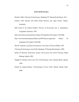 22



                                DAFTAR PUSTAKA


Desmita. 2006. Psikologi Perkembangan. Bandung: PT. Remaja Rosda Karya, 2011.

Erikson. 1989. Identitas dan Siklus Hidup Manusia, terj. Agus Cremes. Jakarta:

       Gramedia

Hall, Calvin S. & Lindzey Gardner. Theories of Personality, terj. A. Supratiknya,

       Yogyakarta: Kanisius, 1993.

http://erik-erikson-download.htm/ diakses 20 Nopember 2012 pukul 15.00 WIB

http://www.haveford.edu/psych/ddavis/p1099/erikson.stages.htm/     diakses     20

       Nopember 2012 pukul 15.00 WIB

Jhon W. Santrock, Life-Span Development, University of Texas at Dallas, 1995

Psikologi Perkembangan Anak Didik. Bandung: PT Remaja Rosda Karya, 2009.

Sarlito W Sarwono, Berkenalan dengan Aliran-aliran dan Tokoh Psikologi, Bulan

       Bintang, Jakarta, 2002

Singgih D. Gunarsa, Dasar dan Teori Perkembangan Anak, Gunung Mulia, Jakarta,

       1990.

Sunarto & Agung Hartono. Perkembangan Peserta Didik. Jakarta: Rineka Cipta.

       2006.
 