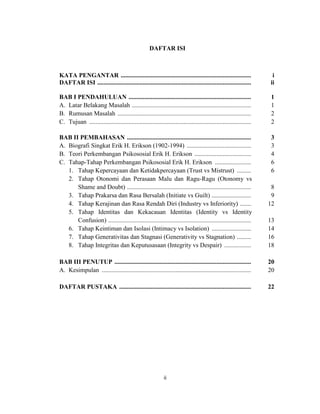 24



                                                     DAFTAR ISI



KATA PENGANTAR ...................................................................................                   i
DAFTAR ISI ..................................................................................................       ii

BAB I PENDAHULUAN ..............................................................................                     1
A. Latar Belakang Masalah ............................................................................               1
B. Rumusan Masalah .....................................................................................             2
C. Tujuan .......................................................................................................    2

BAB II PEMBAHASAN ...............................................................................                    3
A. Biografi Singkat Erik H. Erikson (1902-1994) .........................................                            3
B. Teori Perkembangan Psikososial Erik H. Erikson ....................................                               4
C. Tahap-Tahap Perkembangan Psikososial Erik H. Erikson .......................                                      6
   1. Tahap Kepercayaan dan Ketidakpercayaan (Trust vs Mistrust) .........                                           6
   2. Tahap Otonomi dan Perasaan Malu dan Ragu-Ragu (Otonomy vs
      Shame and Doubt) ...............................................................................               8
   3. Tahap Prakarsa dan Rasa Bersalah (Initiate vs Guilt) .........................                                 9
   4. Tahap Kerajinan dan Rasa Rendah Diri (Industry vs Inferiority) .......                                        12
   5. Tahap Identitas dan Kekacauan Identitas (Identity vs Identity
      Confusion) ...........................................................................................        13
   6. Tahap Keintiman dan Isolasi (Intimacy vs Isolation) .........................                                 14
   7. Tahap Generativitas dan Stagnasi (Generativity vs Stagnation) .........                                       16
   8. Tahap Integritas dan Keputusasaan (Integrity vs Despair) .................                                    18

BAB III PENUTUP .......................................................................................             20
A. Kesimpulan ...............................................................................................       20

DAFTAR PUSTAKA ....................................................................................                 22




                                                             ii
 