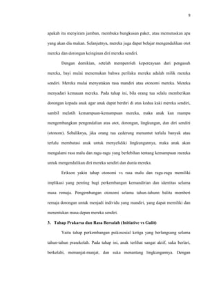 9



apakah itu menyiram jamban, membuka bungkusan paket, atau memutuskan apa

yang akan dia makan. Selanjutnya, mereka juga dapat belajar mengendalikan otot

mereka dan dorongan keinginan diri mereka sendiri.

       Dengan demikian, setelah memperoleh kepercayaan dari pengasuh

mereka, bayi mulai menemukan bahwa perilaku mereka adalah milik mereka

sendiri. Mereka mulai menyatakan rasa mandiri atau otonomi mereka. Mereka

menyadari kemauan mereka. Pada tahap ini, bila orang tua selalu memberikan

dorongan kepada anak agar anak dapat berdiri di atas kedua kaki mereka sendiri,

sambil melatih kemampuan-kemampuan mereka, maka anak kan mampu

mengembangkan pengendalian atas otot, dorongan, lingkungan, dan diri sendiri

(otonom). Sebaliknya, jika orang tua cederung menuntut terlalu banyak atau

terlalu membatasi anak untuk menyelidiki lingkungannya, maka anak akan

mengalami rasa malu dan ragu-ragu yang berlebihan tentang kemampuan mereka

untuk mengendalikan diri mereka sendiri dan dunia mereka.

       Erikson yakin tahap otonomi vs rasa malu dan ragu-ragu memiliki

implikasi yang penting bagi perkembangan kemandirian dan identitas selama

masa remaja. Pengembangan otonomi selama tahun-tahunn balita memberi

remaja dorongan untuk menjadi individu yang mandiri, yang dapat memiliki dan

menentukan masa depan mereka sendiri.

3. Tahap Prakarsa dan Rasa Bersalah (Initiative vs Guilt)

       Yaitu tahap perkembangan psikososial ketiga yang berlangsung selama

tahun-tahun prasekolah. Pada tahap ini, anak terlihat sangat aktif, suka berlari,

berkelahi, memanjat-manjat, dan suka menantang lingkungannya. Dengan
 
