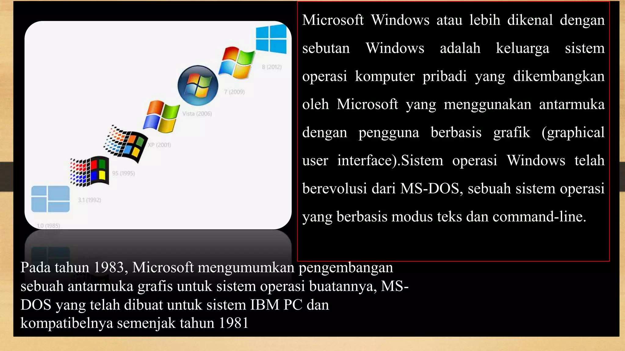 Microsoft Windows atau lebih dikenal dengan
sebutan Windows adalah keluarga sistem
operasi komputer pribadi yang dikembangkan
oleh Microsoft yang menggunakan antarmuka
dengan pengguna berbasis grafik (graphical
user interface).Sistem operasi Windows telah
berevolusi dari MS-DOS, sebuah sistem operasi
yang berbasis modus teks dan command-line.
Pada tahun 1983, Microsoft mengumumkan pengembangan
sebuah antarmuka grafis untuk sistem operasi buatannya, MSDOS yang telah dibuat untuk sistem IBM PC dan
kompatibelnya semenjak tahun 1981

 