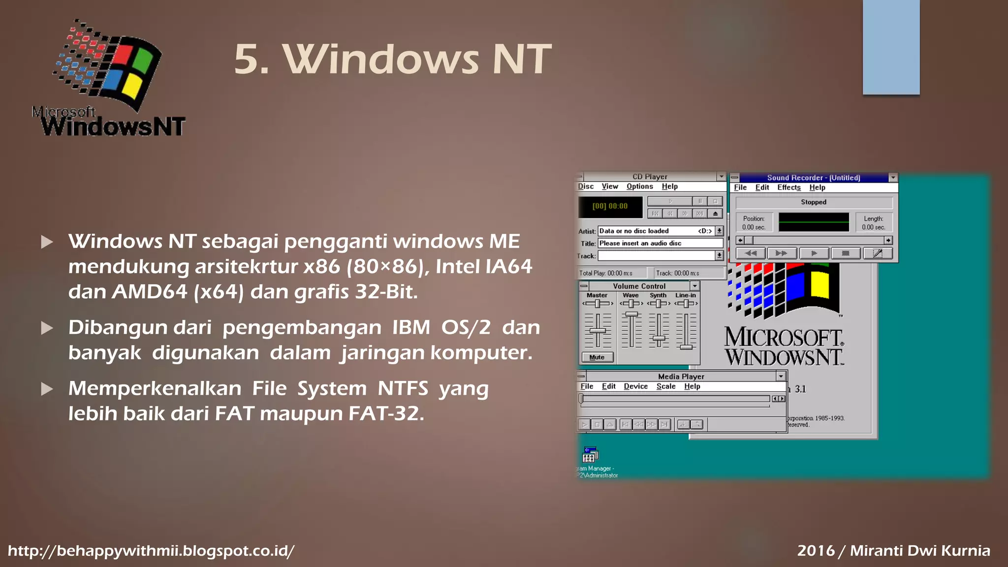 5. Windows NT
 Windows NT sebagai pengganti windows ME
mendukung arsitekrtur x86 (80×86), Intel IA64
dan AMD64 (x64) dan grafis 32-Bit.
 Dibangun dari pengembangan IBM OS/2 dan
banyak digunakan dalam jaringan komputer.
 Memperkenalkan File System NTFS yang
lebih baik dari FAT maupun FAT-32.
http://behappywithmii.blogspot.co.id/ 2016 / Miranti Dwi Kurnia
 