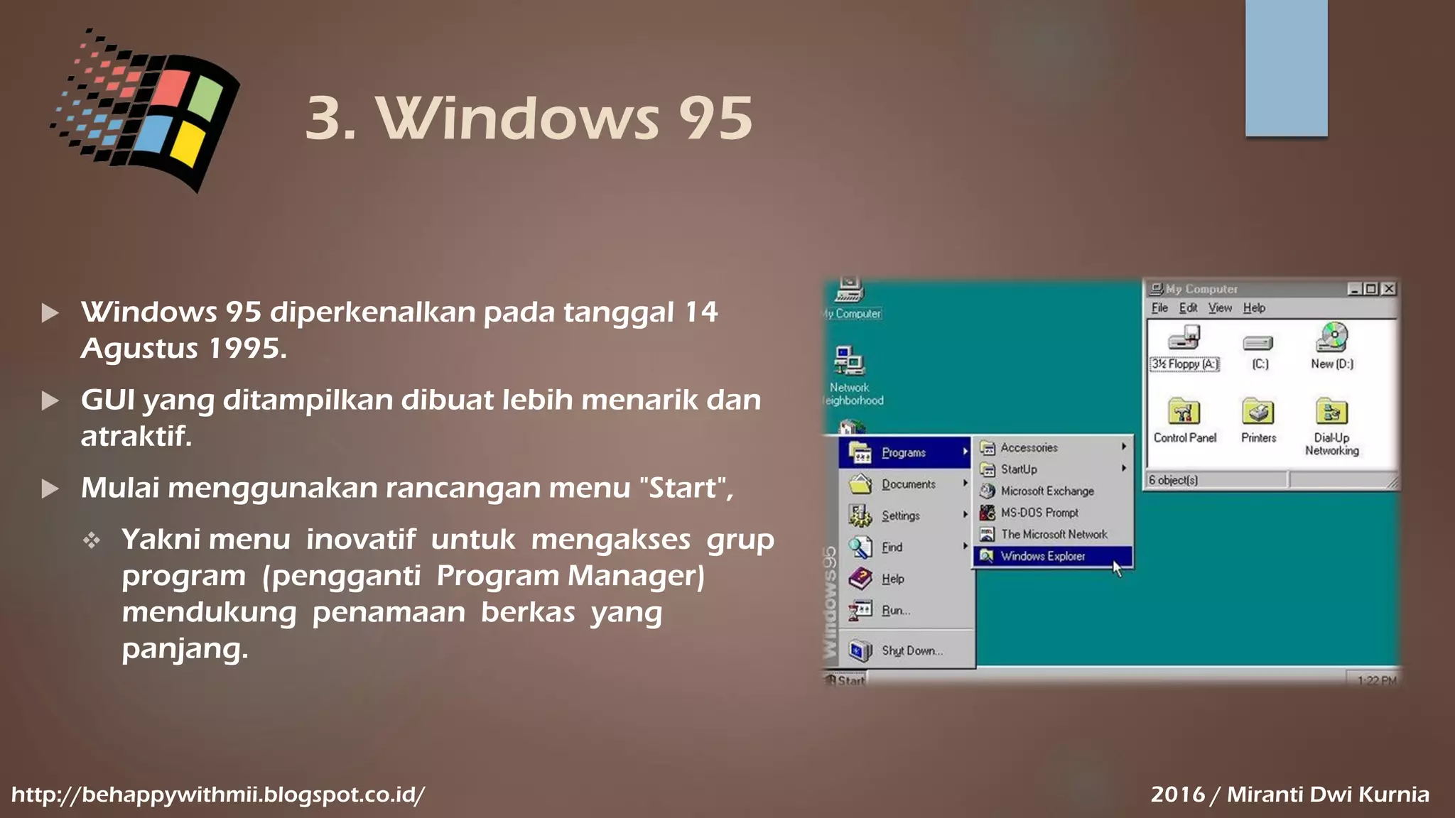 3. Windows 95
 Windows 95 diperkenalkan pada tanggal 14
Agustus 1995.
 GUI yang ditampilkan dibuat lebih menarik dan
atraktif.
 Mulai menggunakan rancangan menu "Start",
 Yakni menu inovatif untuk mengakses grup
program (pengganti Program Manager)
mendukung penamaan berkas yang
panjang.
http://behappywithmii.blogspot.co.id/ 2016 / Miranti Dwi Kurnia
 