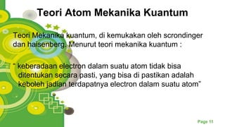 Powerpoint Templates
Page 11
Teori Atom Mekanika Kuantum
Teori Mekanika kuantum, di kemukakan oleh scrondinger
dan haisenberg. Menurut teori mekanika kuantum :
“ keberadaan electron dalam suatu atom tidak bisa
ditentukan secara pasti, yang bisa di pastikan adalah
keboleh jadian terdapatnya electron dalam suatu atom”
 