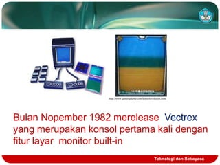 http://www.gamingdump.com/konsolevolution.html

Bulan Nopember 1982 merelease Vectrex
yang merupakan konsol pertama kali dengan
fitur layar monitor built-in
Teknologi dan Rekayasa

 
