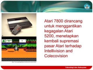 Atari 7800 dirancang
untuk menggantikan
kegagalan Atari
5200, menetapkan
kembali supremasi
pasar Atari terhadap
Intellivision and
Colecovision
http://www.gamingdump.com/konsolevolution.html

Teknologi dan Rekayasa

 