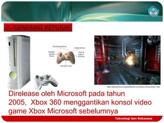 7. GENERASI KETUJUH

http://electronics.howstuffworks.com/xbox-three-sixty1.htm

Direlease oleh Microsoft pada tahun
2005, Xbox 360 menggantikan konsol video
game Xbox Microsoft sebelumnya
Teknologi dan Rekayasa

 