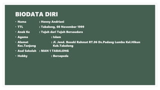 BIODATA DIRI
• Nama : Henny Andriani
• TTL : Tabalong, 08 November 1999
• Anak Ke : Tujuh dari Tujuh Bersaudara
• Agama : Islam
• Alamat : Jl. Jend. Basuki Rahmat RT.06 Ds.Padang Lumbu Kel.Hikun
Kec.Tanjung Kab.Tabalong
• Asal Sekolah : MAN 1 TABALONG
• Hobby : Bersepeda
 