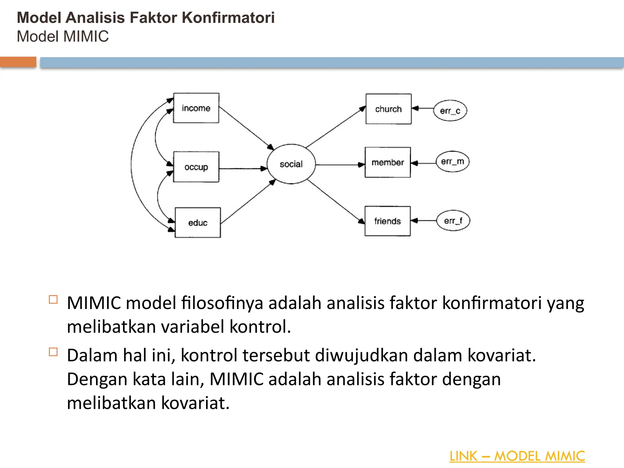 Model Analisis Faktor Konfirmatori
Model MIMIC
 MIMIC model filosofinya adalah analisis faktor konfirmatori yang
melibatkan variabel kontrol.
 Dalam hal ini, kontrol tersebut diwujudkan dalam kovariat.
Dengan kata lain, MIMIC adalah analisis faktor dengan
melibatkan kovariat.
LINK – MODEL MIMIC
 