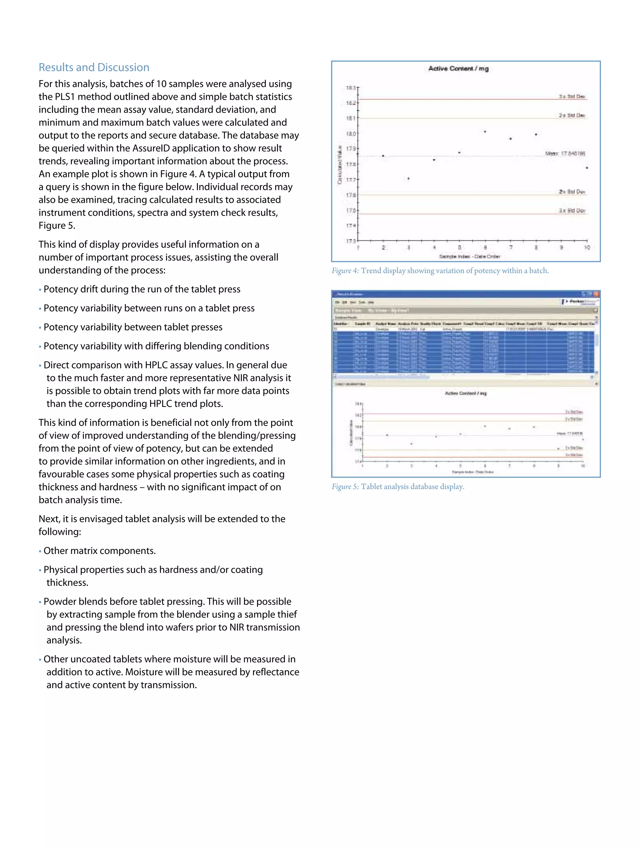 Results and Discussion
For this analysis, batches of 10 samples were analysed using
the PLS1 method outlined above and simple batch statistics
including the mean assay value, standard deviation, and
minimum and maximum batch values were calculated and
output to the reports and secure database. The database may
be queried within the AssureID application to show result
trends, revealing important information about the process.
An example plot is shown in Figure 4. A typical output from
a query is shown in the figure below. Individual records may
also be examined, tracing calculated results to associated
instrument conditions, spectra and system check results,
Figure 5.
This kind of display provides useful information on a
number of important process issues, assisting the overall
understanding of the process:                                     Figure 4: Trend display showing variation of potency within a batch.

• Potency drift during the run of the tablet press
• Potency variability between runs on a tablet press
• Potency variability between tablet presses
• Potency variability with differing blending conditions
• Direct comparison with HPLC assay values. In general due
  to the much faster and more representative NIR analysis it
  is possible to obtain trend plots with far more data points
  than the corresponding HPLC trend plots.
This kind of information is beneficial not only from the point
of view of improved understanding of the blending/pressing
from the point of view of potency, but can be extended
to provide similar information on other ingredients, and in
favourable cases some physical properties such as coating
thickness and hardness – with no significant impact of on         Figure 5: Tablet analysis database display.
batch analysis time.
Next, it is envisaged tablet analysis will be extended to the
following:
• Other matrix components.
• Physical properties such as hardness and/or coating
   thickness.
• Powder blends before tablet pressing. This will be possible
   by extracting sample from the blender using a sample thief
   and pressing the blend into wafers prior to NIR transmission
   analysis.
• Other uncoated tablets where moisture will be measured in
  addition to active. Moisture will be measured by reflectance
  and active content by transmission.
 
