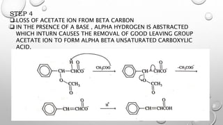 STEP 4
 LOSS OF ACETATE ION FROM BETA CARBON
 IN THE PRSENCE OF A BASE , ALPHA HYDROGEN IS ABSTRACTED
WHICH INTURN CAUSES THE REMOVAL OF GOOD LEAVING GROUP
ACETATE ION TO FORM ALPHA BETA UNSATURATED CARBOXYLIC
ACID.
 