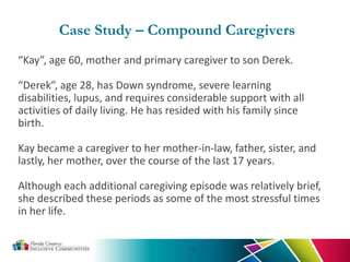 15
“Kay”, age 60, mother and primary caregiver to son Derek.
“Derek”, age 28, has Down syndrome, severe learning
disabilities, lupus, and requires considerable support with all
activities of daily living. He has resided with his family since
birth.
Kay became a caregiver to her mother-in-law, father, sister, and
lastly, her mother, over the course of the last 17 years.
Although each additional caregiving episode was relatively brief,
she described these periods as some of the most stressful times
in her life.
Case Study – Compound Caregivers
 