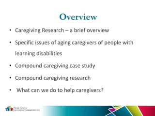 2
Overview
• Caregiving Research – a brief overview
• Specific issues of aging caregivers of people with
learning disabilities
• Compound caregiving case study
• Compound caregiving research
• What can we do to help caregivers?
 