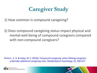 Caregiver Study
1) How common is compound caregiving?
2) Does compound caregiving status impact physical and
mental well-being of compound caregivers compared
with non-compound caregivers?
Perkins , E. A. & Haley, W. E. (2010). Compound caregiving: when lifelong caregivers
undertake additional caregiving roles. Rehabilitation Psychology, 55, 409-417.
21
 