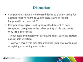 Discussion
• Compound caregivers – increased desire to place – caring for
another relative might galvanize discussions of “What
happens if I become sick?”
• Compound caregivers not significantly different to non-
compound caregivers in the other quality of life outcomes.
Why little difference?
- Knowledge and mastery of caregiving roles, easy adaptation,
natural self-selection.
- However, caregivers may also minimize impact of compound
caregiving as a coping mechanism.
28
 