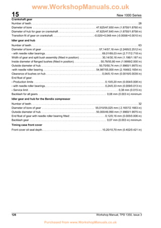 15
126 Workshop Manual, TPD 1350, issue 3
New 1000 Series
Crankshaft gear
Number of teeth . . . . . . . . . . . . . . . . . . . . . . . . . . . . . . . . . . . . . . . . . . . . . . . . . . . . . . . . . . . . . . . . . . . . . . . 28
Diameter of bore . . . . . . . . . . . . . . . . . . . . . . . . . . . . . . . . . . . . . . . . . . 47,625/47,650 mm (1.8750/1.8760 in)
Diameter of hub for gear on crankshaft . . . . . . . . . . . . . . . . . . . . . . . . . 47,625/47,645 mm (1.8750/1.8758 in)
Transition fit of gear on crankshaft. . . . . . . . . . . . . . . . . . . . . . . . . . . . -0,020/+0,048 mm (-0.0008/+0.0010 in)
Idler gear and hub
Number of teeth . . . . . . . . . . . . . . . . . . . . . . . . . . . . . . . . . . . . . . . . . . . . . . . . . . . . . . . . . . . . . . . . . . . . . . . 63
Diameter of bore of gear . . . . . . . . . . . . . . . . . . . . . . . . . . . . . . . . . . . . . . 57,14/57,18 mm (2.2495/2.2512 in)
- with needle roller bearings. . . . . . . . . . . . . . . . . . . . . . . . . . . . . . . . . . . . . . 69,01/69,03 mm (2.717/2.718 in)
Width of gear and split bush assembly (fitted in position) . . . . . . . . . . . . . . . 30,14/30,16 mm (1.186/1.187 in)
Inside diameter of flanged bushes (fitted in position). . . . . . . . . . . . . . . . . . 50,78/50,80 mm (1.9999/2.000 in)
Outside diameter of hub. . . . . . . . . . . . . . . . . . . . . . . . . . . . . . . . . . . . . . . 50,70/50,74 mm (1.9960/1.9975 in)
-with needle roller bearing . . . . . . . . . . . . . . . . . . . . . . . . . . . . . . . . . . . 54,987/55,000 mm (2.1648/2.1654 in)
Clearance of bushes on hub . . . . . . . . . . . . . . . . . . . . . . . . . . . . . . . . . . . . . 0,04/0,10 mm (0.0016/0.0039 in)
End float of gear:
- Production limits . . . . . . . . . . . . . . . . . . . . . . . . . . . . . . . . . . . . . . . . . . . . . . . 0,10/0,20 mm (0.004/0.008 in)
- with needle roller bearings. . . . . . . . . . . . . . . . . . . . . . . . . . . . . . . . . . . . . . . . 0,24/0,33 mm (0.009/0.013 in)
- Service limit . . . . . . . . . . . . . . . . . . . . . . . . . . . . . . . . . . . . . . . . . . . . . . . . . . . . . . . . . . . . 0,38 mm (0.015 in)
Backlash for all gears. . . . . . . . . . . . . . . . . . . . . . . . . . . . . . . . . . . . . . . . . . . . . . 0,08 mm (0.003 in) minimum
Idler gear and hub for the Bendix compressor
Number of teeth . . . . . . . . . . . . . . . . . . . . . . . . . . . . . . . . . . . . . . . . . . . . . . . . . . . . . . . . . . . . . . . . . . . . . . . 32
Diameter of bore of gear . . . . . . . . . . . . . . . . . . . . . . . . . . . . . . . . . . . 55,010/55,025 mm ( 2.1657/2.1663 in)
Outside diameter of hub. . . . . . . . . . . . . . . . . . . . . . . . . . . . . . . . . . . . . 50,000/49,990 mm (1.9960/1.9975 in)
End float of gear with needle roller bearing fitted: . . . . . . . . . . . . . . . . . . . . . . . 0,12/0,16 mm (0.005/0.006 in)
Backlash gear . . . . . . . . . . . . . . . . . . . . . . . . . . . . . . . . . . . . . . . . . . . . . . . . . . . 0,07 mm (0.003 in) minimum
Timing case front cover
Front cover oil seal depth. . . . . . . . . . . . . . . . . . . . . . . . . . . . . . . . . . . . . . . . 10,20/10,70 mm (0.402/0.421 in)
www.WorkshopManuals.co.uk
Purchased from www.WorkshopManuals.co.uk
 