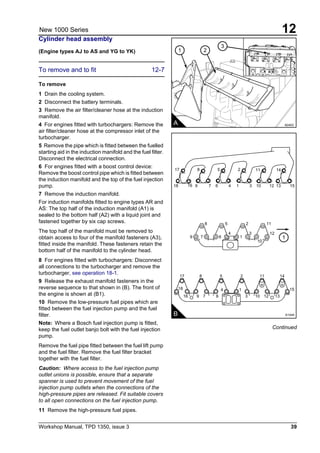 Workshop Manual, TPD 1350, issue 3 39
12New 1000 Series
Cylinder head assembly
(Engine types AJ to AS and YG to YK)
To remove and to fit 12-7
To remove
1 Drain the cooling system.
2 Disconnect the battery terminals.
3 Remove the air filter/cleaner hose at the induction
manifold.
4 For engines fitted with turbochargers: Remove the
air filter/cleaner hose at the compressor inlet of the
turbocharger.
5 Remove the pipe which is fitted between the fuelled
starting aid in the induction manifold and the fuel filter.
Disconnect the electrical connection.
6 For engines fitted with a boost control device:
Remove the boost control pipe which is fitted between
the induction manifold and the top of the fuel injection
pump.
7 Remove the induction manifold.
For induction manifolds fitted to engine types AR and
AS: The top half of the induction manifold (A1) is
sealed to the bottom half (A2) with a liquid joint and
fastened together by six cap screws.
The top half of the manifold must be removed to
obtain access to four of the manifold fasteners (A3),
fitted inside the manifold. These fasteners retain the
bottom half of the manifold to the cylinder head.
8 For engines fitted with turbochargers: Disconnect
all connections to the turbocharger and remove the
turbocharger, see operation 18-1.
9 Release the exhaust manifold fasteners in the
reverse sequence to that shown in (B). The front of
the engine is shown at (B1).
10 Remove the low-pressure fuel pipes which are
fitted between the fuel injection pump and the fuel
filter.
Note: Where a Bosch fuel injection pump is fitted,
keep the fuel outlet banjo bolt with the fuel injection
pump.
Remove the fuel pipe fitted between the fuel lift pump
and the fuel filter. Remove the fuel filter bracket
together with the fuel filter.
Caution: Where access to the fuel injection pump
outlet unions is possible, ensure that a separate
spanner is used to prevent movement of the fuel
injection pump outlets when the connections of the
high-pressure pipes are released. Fit suitable covers
to all open connections on the fuel injection pump.
11 Remove the high-pressure fuel pipes.
Continued
3
21
A A0403
1
B
9
18
17
18
16 9 7 6
4 1
3 10 12 13
15
8 5 2 11 14
17 8 5 2 11 14
16 9 7 6 4 1 3 10 12 13 15
8 5 2 11
4 3 12
7 6 1
10
A1444
 
