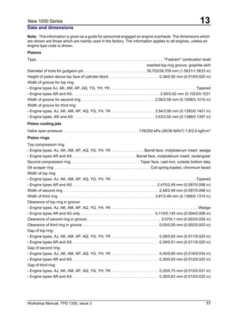 Workshop Manual, TPD 1350, issue 3 77
13New 1000 Series
Data and dimensions
Note: This information is given as a guide for personnel engaged on engine overhauls. The dimensions which
are shown are those which are mainly used in the factory. The information applies to all engines, unless an
engine type code is shown.
Pistons
Type. . . . . . . . . . . . . . . . . . . . . . . . . . . . . . . . . . . . . . . . . . . . . . . . . . . . . . . . . . . . ."Fastram" combustion bowl
inserted top ring groove, graphite skirt
Diameter of bore for gudgeon pin . . . . . . . . . . . . . . . . . . . . . . . . . . . . . 39,703/39,709 mm (1.5631/1.5633 in)
Height of piston above top face of cylinder block . . . . . . . . . . . . . . . . . . . . . . . 0,38/0,50 mm (0.015/0.020 in)
Width of groove for top ring:
- Engine types AJ, AK, AM, AP, AQ, YG, YH, YK . . . . . . . . . . . . . . . . . . . . . . . . . . . . . . . . . . . . . . . .. Tapered
- Engine types AR and AS. . . . . . . . . . . . . . . . . . . . . . . . . . . . . . . . . . . . . . . . . .2,60/2,62 mm (0.1023/0.1031
Width of groove for second ring. . . . . . . . . . . . . . . . . . . . . . . . . . . . . . . . . . . 2,56/2,58 mm (0.1008/0.1016 in)
Width of groove for third ring:
- Engine types, AJ, AK, AM, AP, AQ, YG, YH, YK . . . . . . . . . . . . . . . . . . . . 3,54/3,56 mm (0.1393/0.1401 in)
- Engine types, AR and AS . . . . . . . . . . . . . . . . . . . . . . . . . . . . . . . . . . . . . . 3,53/3,55 mm (0.1389/0.1397 in)
Piston cooling jets
Valve open pressure . . . . . . . . . . . . . . . . . . . . . . . . . . . . . . . . . . . 178/250 kPa (26/36 lbf/in2
) 1,8/2,6 kgf/cm2
Piston rings
Top compression ring:
- Engine types, AJ, AK, AM, AP, AQ, YG, YH, YK . . . . . . . . . . . . . . . Barrel face, molybdenum insert, wedge
- Engine types AR and AS. . . . . . . . . . . . . . . . . . . . . . . . . . . . . . Barrel face, molybdenum insert, rectangular
Second compression ring . . . . . . . . . . . . . . . . . . . . . . . . . . . . . . . . Taper face, cast iron, outside bottom step
Oil scraper ring . . . . . . . . . . . . . . . . . . . . . . . . . . . . . . . . . . . . . . . . . . . . . Coil spring loaded, chromium faced
Width of top ring:
- Engine types, AJ, AK, AM, AP, AQ, YG, YH, YK . . . . . . . . . . . . . . . . . . . . . . . . . . . . . . . . . . . . . . . .Tapered
- Engine types AR and AS. . . . . . . . . . . . . . . . . . . . . . . . . . . . . . . . . . . . . . . . 2,475/2,49 mm (0.097/0.098 in)
Width of second ring . . . . . . . . . . . . . . . . . . . . . . . . . . . . . . . . . . . . . . . . . . . . . 2,48/2,49 mm (0.097/0.098 in)
Width of third ring . . . . . . . . . . . . . . . . . . . . . . . . . . . . . . . . . . . . . . . . . . . . . 3,47/3,49 mm (0.1366/0.1374 in)
Clearance of top ring in groove:
- Engine types, AJ, AK, AM, AP, AQ, YG, YH, YK . . . . . . . . . . . . . . . . . . . . . . . . . . . . . . . . . . . . . . . .. Wedge
- Engine types AR and AS only . . . . . . . . . . . . . . . . . . . . . . . . . . . . . . . . . . . 0,110/0,145 mm (0.004/0.006 in)
Clearance of second ring in groove. . . . . . . . . . . . . . . . . . . . . . . . . . . . . . . . . . . 0,07/0,1 mm (0.003/0.004 in)
Clearance of third ring in groove . . . . . . . . . . . . . . . . . . . . . . . . . . . . . . . . . . . . 0,05/0,09 mm (0.002/0.003 in)
Gap of top ring:
- Engine types, AJ, AK, AM, AP, AQ, YG, YH, YK . . . . . . . . . . . . . . . . . . . . . . 0,28/0,63 mm (0.011/0.025 in)
- Engine types AR and AS. . . . . . . . . . . . . . . . . . . . . . . . . . . . . . . . . . . . . . . . . 0,28/0,51 mm (0.011/0.020 in)
Gap of second ring:
- Engine types, AJ, AK, AM, AP, AQ, YG, YH, YK . . . . . . . . . . . . . . . . . . . . . . 0,40/0,85 mm (0.016/0.034 in)
- Engine types AR and AS. . . . . . . . . . . . . . . . . . . . . . . . . . . . . . . . . . . . . . . . . 0,30/0,63 mm (0.012/0.025 in)
Gap of third ring:
- Engine types, AJ, AK, AM, AP, AQ, YG, YH, YK . . . . . . . . . . . . . . . . . . . . . . 0,25/0,75 mm (0.010/0.031 in)
- Engine types AR and AS. . . . . . . . . . . . . . . . . . . . . . . . . . . . . . . . . . . . . . . . . 0,30/0,63 mm (0.012/0.025 in)
 