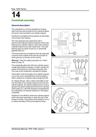 Workshop Manual, TPD 1350, issue 3 79
14
New 1000 Series
Crankshaft assembly 14
General description
The crankshaft is a chrome-molybdenum forging
which has five main journals for four cylinder engines
and seven main journals for six cylinder engines.
End-float is controlled by thrust washers on both sides
of the centre main bearing.
The main bearings have steel backs with a
aluminium/tin bearing material except the centre main
bearing of six cylinder engines, which has a bearing
material of lead bronze with a lead finish. The main
bearing caps are made of cast iron or spheroidal
graphite (SG) iron.
The front and the rear oil seals are Viton lip seals with
a dust lip to the outside of the main lip and with oil
return grooves on the face of the main lip.
Warning! Read the safety precautions for "Viton"
seals on page 18.
The crankshaft pulley (A3) of the four cylinder engine,
usually fitted without a damper, is held in position by
a plain thrust block (A1) and three setscrews (A2).
The nose of the crankshaft is serrated for location.
The location of the front pulley of six cylinder engines
is by a key in the crankshaft nose and the pulley is
held in position by a tapered rings arrangement (B).
An integral damper, with a rubber insert (B6) is built
into the pulley of six cylinder engines and some four
cylinder engines. Six cylinder engines have a viscous
damper (C2) which is fastened to the front or rear face
of the pulley (C1). All of the dampers are designed for
the suppression of torsional vibrations in the engine
crankshaft.
A balancer unit is fitted to certain four cylinder engines
which have rigid mountings or which are part of the
chassis or frame. The purpose of the balancer unit is
to reduce the effect of the out-of-balance forces.
1 2
3
A A0357
B A0093
21 43
6 5
1
2
C A0165
 