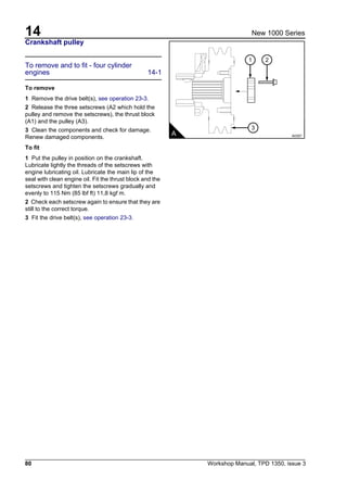 14
80 Workshop Manual, TPD 1350, issue 3
New 1000 Series
Crankshaft pulley
To remove and to fit - four cylinder
engines 14-1
To remove
1 Remove the drive belt(s), see operation 23-3.
2 Release the three setscrews (A2 which hold the
pulley and remove the setscrews), the thrust block
(A1) and the pulley (A3).
3 Clean the components and check for damage.
Renew damaged components.
To fit
1 Put the pulley in position on the crankshaft.
Lubricate lightly the threads of the setscrews with
engine lubricating oil. Lubricate the main lip of the
seal with clean engine oil. Fit the thrust block and the
setscrews and tighten the setscrews gradually and
evenly to 115 Nm (85 lbf ft) 11,8 kgf m.
2 Check each setscrew again to ensure that they are
still to the correct torque.
3 Fit the drive belt(s), see operation 23-3.
1 2
3
A A0357
 